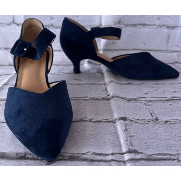 NIB Pointed Closed Toe Ankle Strap Buckle Slip on Low Heel Pumps Navy Blue Sz 10 - Picture 7 of 13
